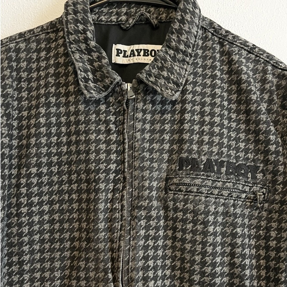 Playboy by PacSun Mens Houndstooth Denim Zip Up Jacket Black Grey Streetwear
